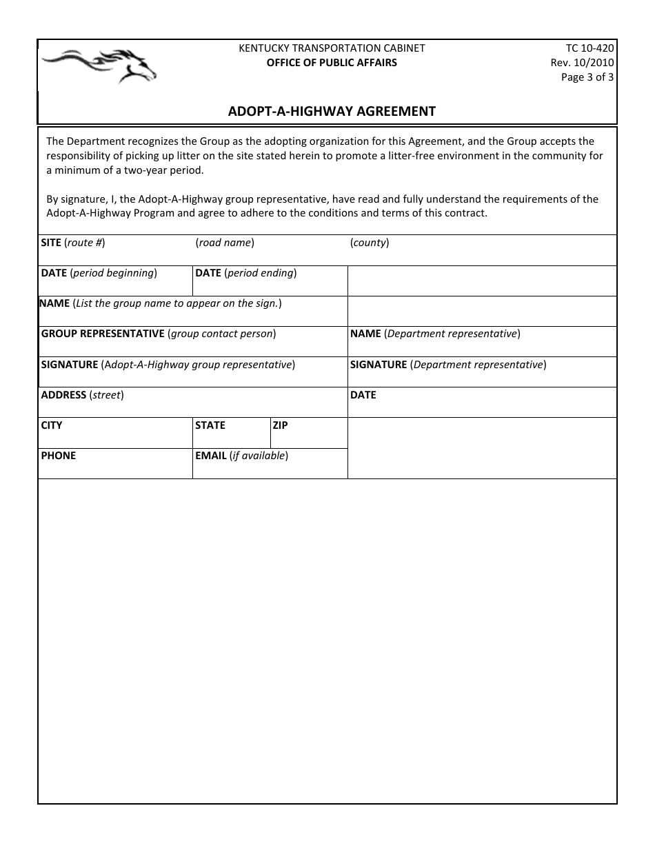 Form TC10-420 Adopt-A-highway Agreement - Kentucky, Page 3