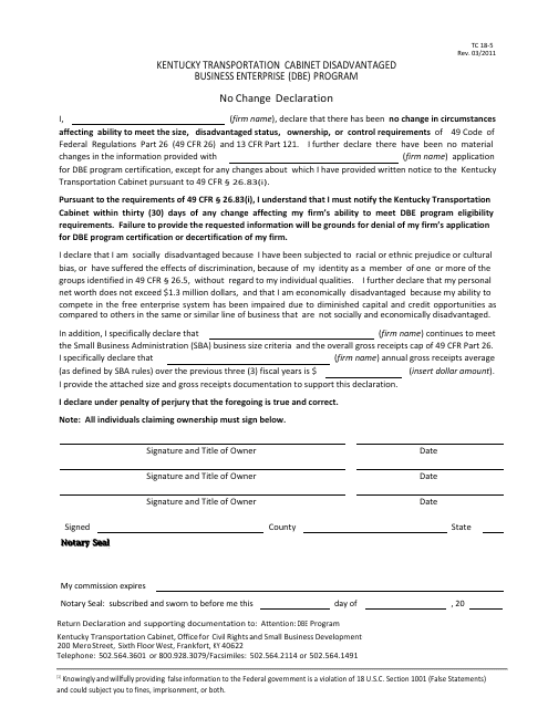 Form TC18-5 No Change Declaration - Kentucky