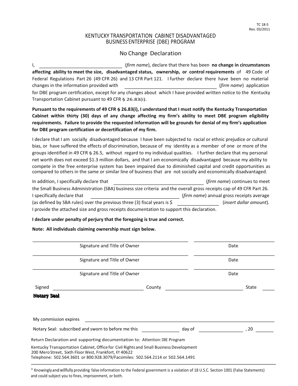 Form TC18-5 No Change Declaration - Kentucky, Page 1