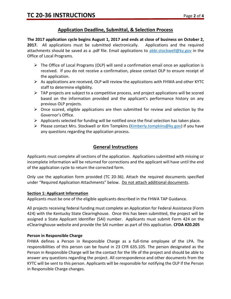 Instructions for Form TC20-36 Transportation Alternatives Program (Tap) Application - Kentucky, Page 2