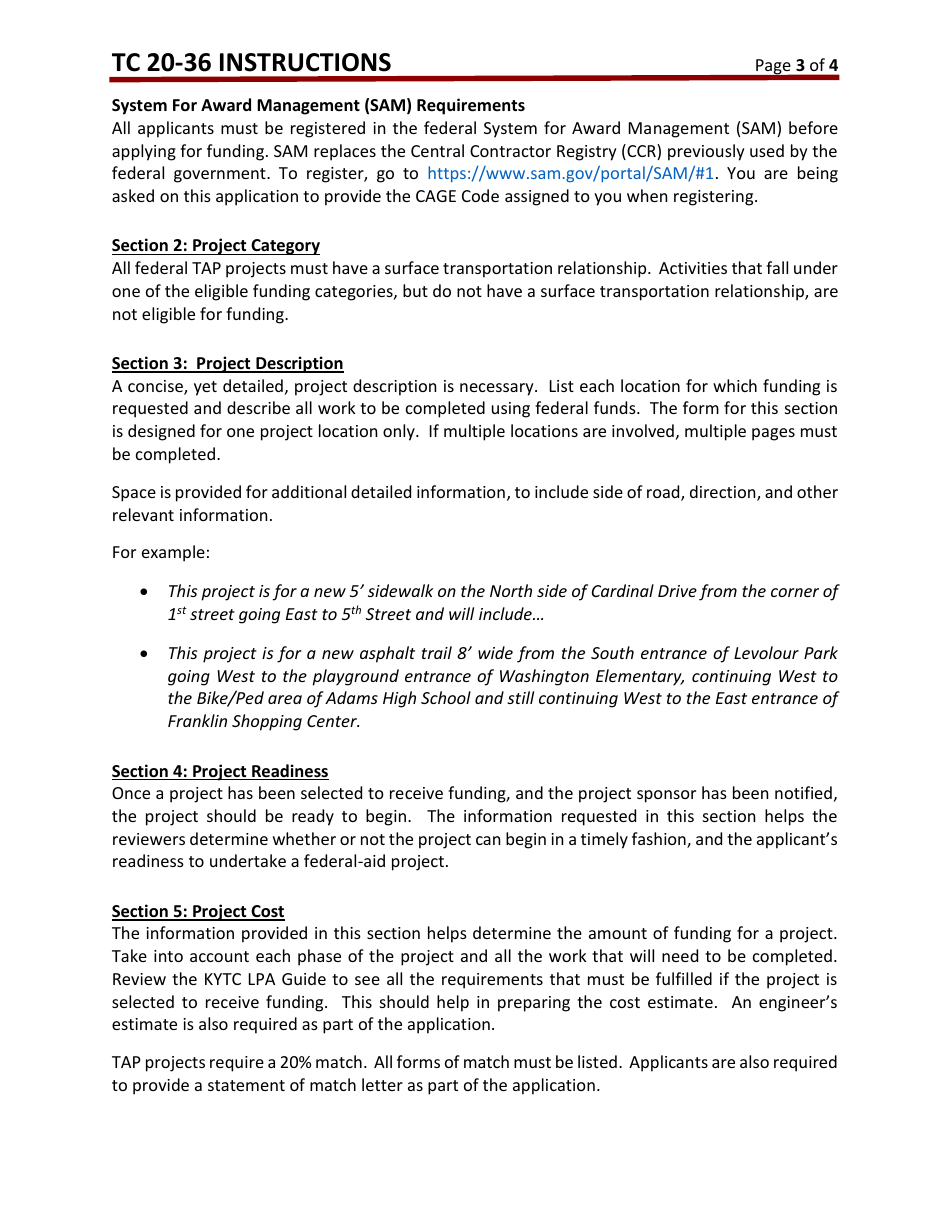 Instructions for Form TC20-36 Transportation Alternatives Program (Tap) Application - Kentucky, Page 3