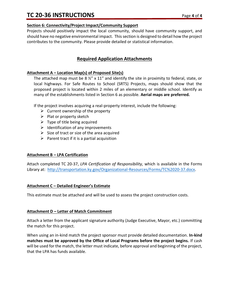 Instructions for Form TC20-36 Transportation Alternatives Program (Tap) Application - Kentucky, Page 4