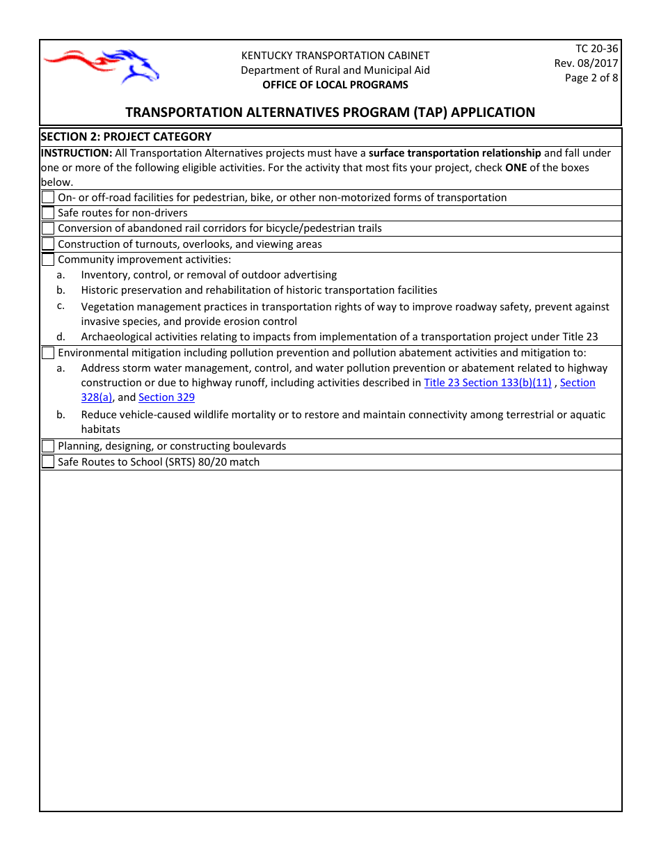 Form TC20-36 Transportation Alternatives Program (Tap) Application - Kentucky, Page 2