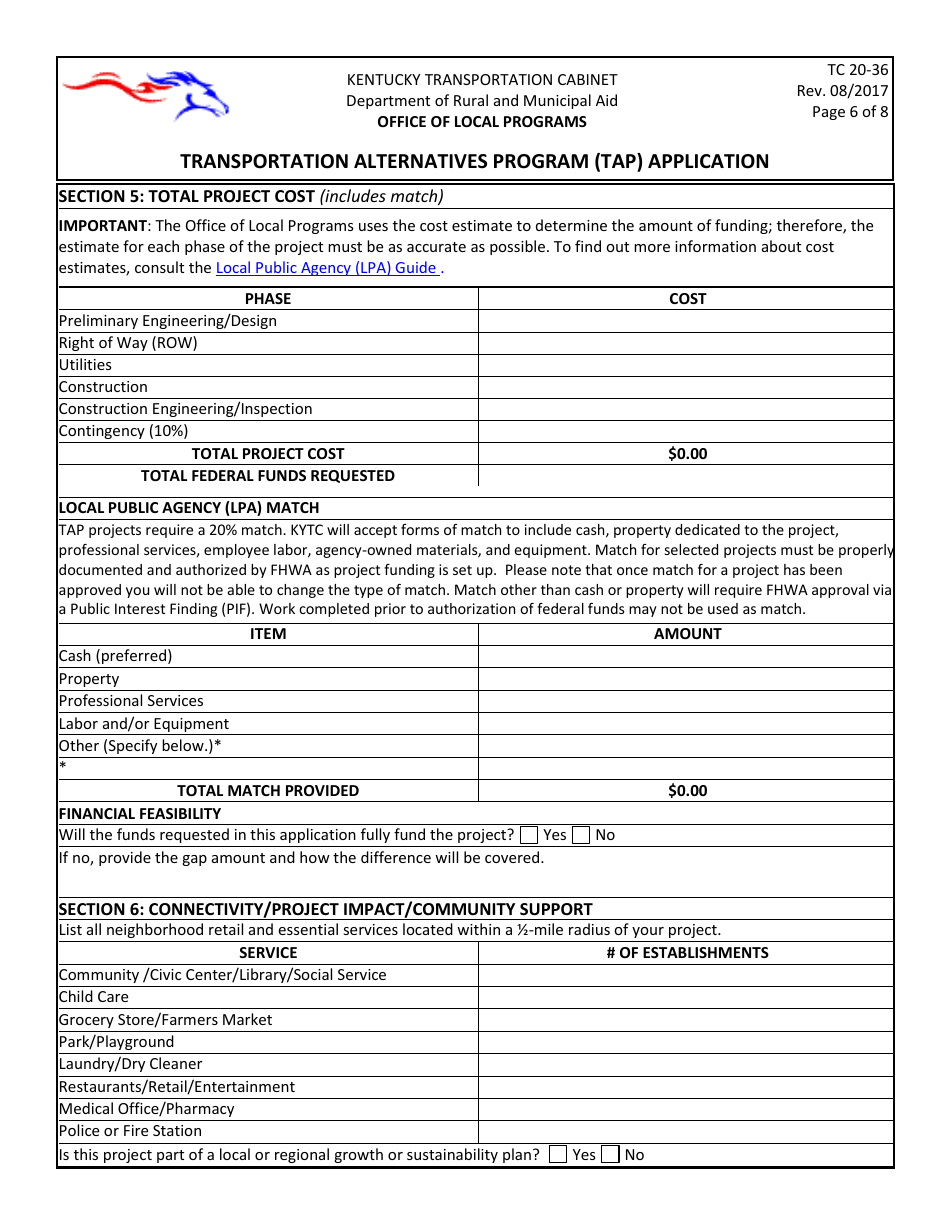 Form TC20-36 Transportation Alternatives Program (Tap) Application - Kentucky, Page 6