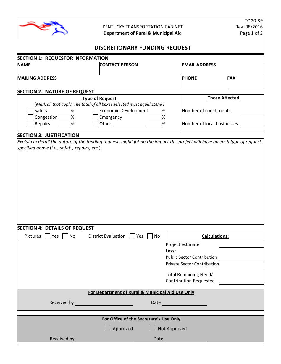 Form TC20-39 Discretionary Funding Request - Kentucky, Page 1