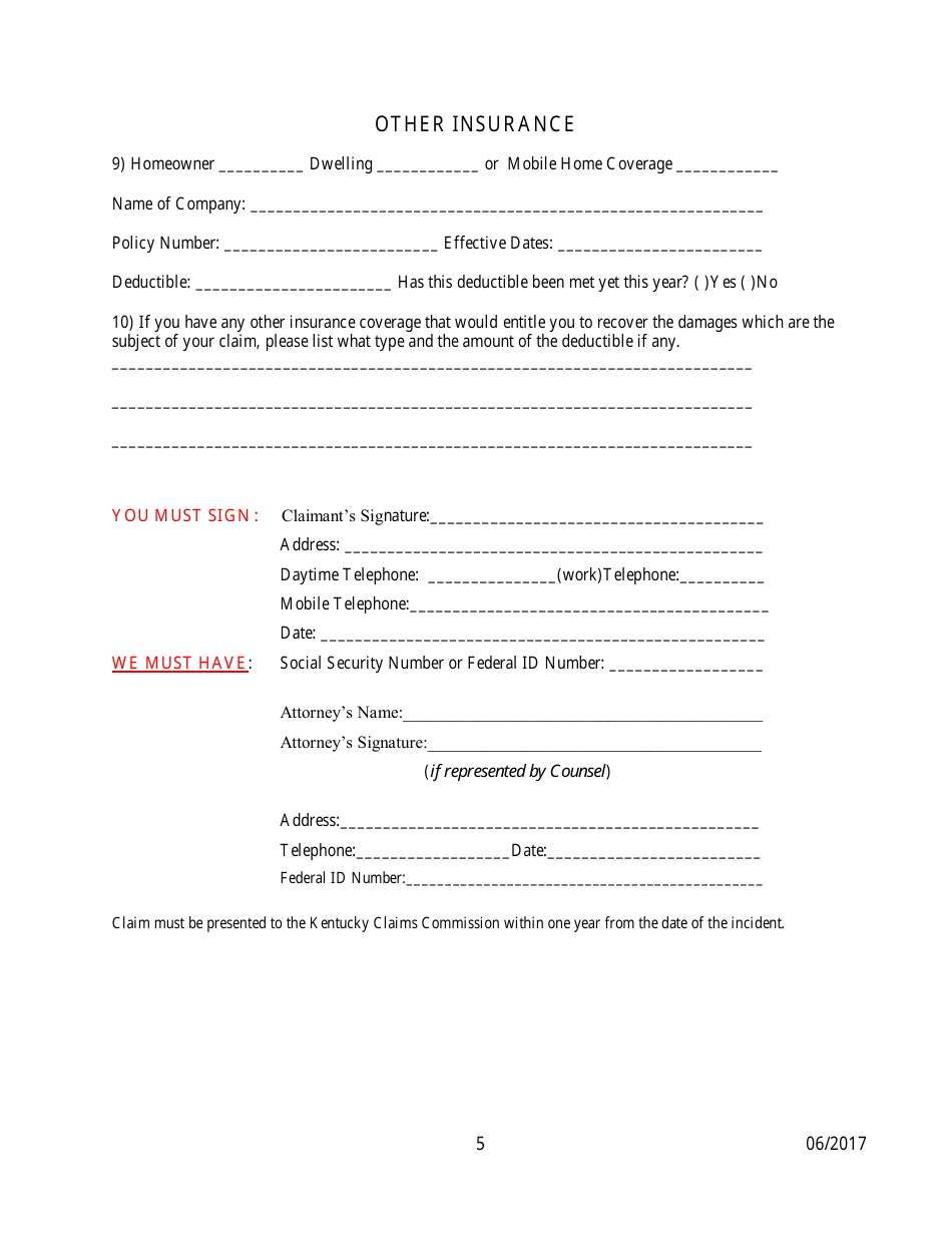 Claim Form - Kentucky, Page 5