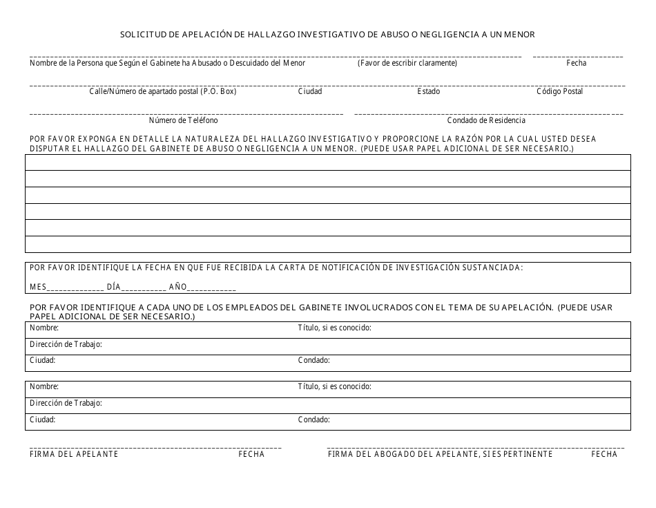 Formulario DPP-155-SPA Solicitud De Apelacion De Hallazgo Investigativo De Abuso O Negligencia a Un Menor - Kentucky (Spanish), Page 2