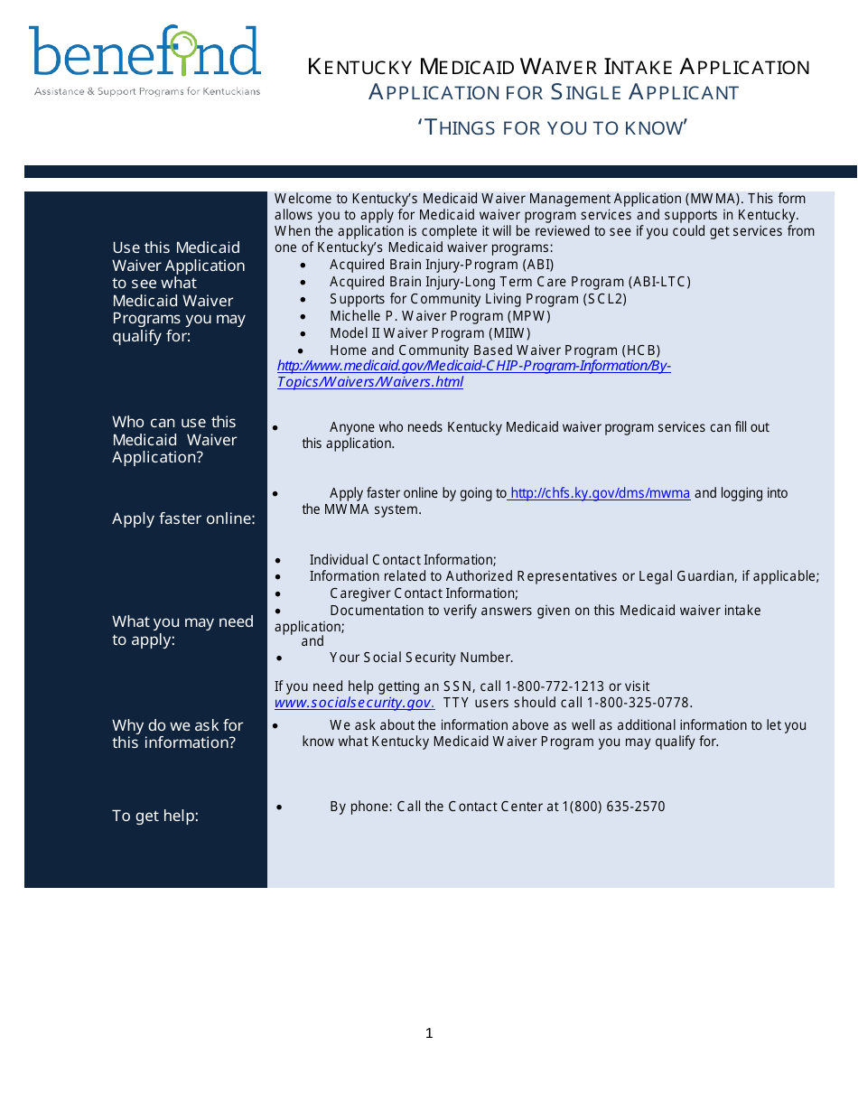 Kentucky Medicaid Waiver Intake Application Form - Kentucky, Page 1