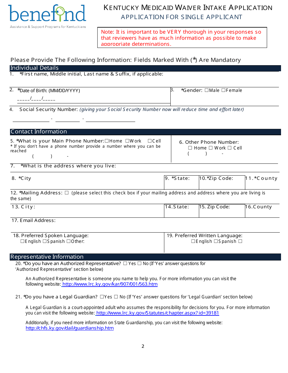 Kentucky Kentucky Medicaid Waiver Intake Application Form Fill Out Sign Online And Download 6083