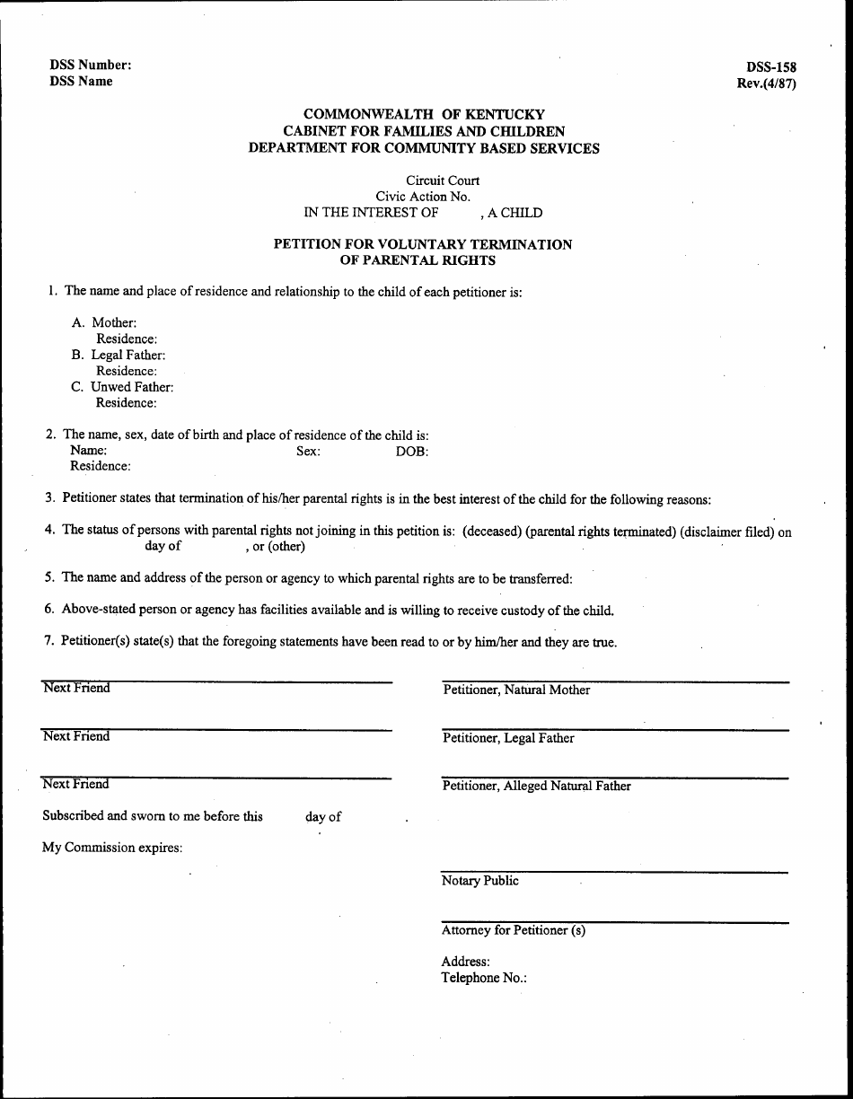 Form DSS-158 Petition for Voluntary Termination of Parental Rights - Kentucky, Page 1