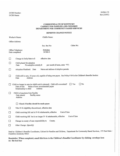 Form DCBS-173 Benefits Change Notice - Kentucky