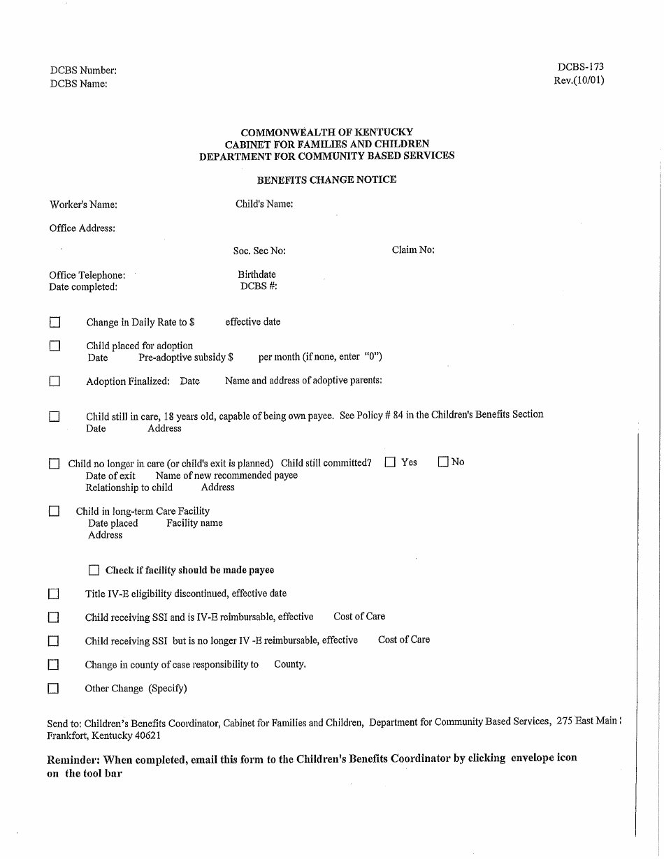 Form DCBS-173 Benefits Change Notice - Kentucky, Page 1