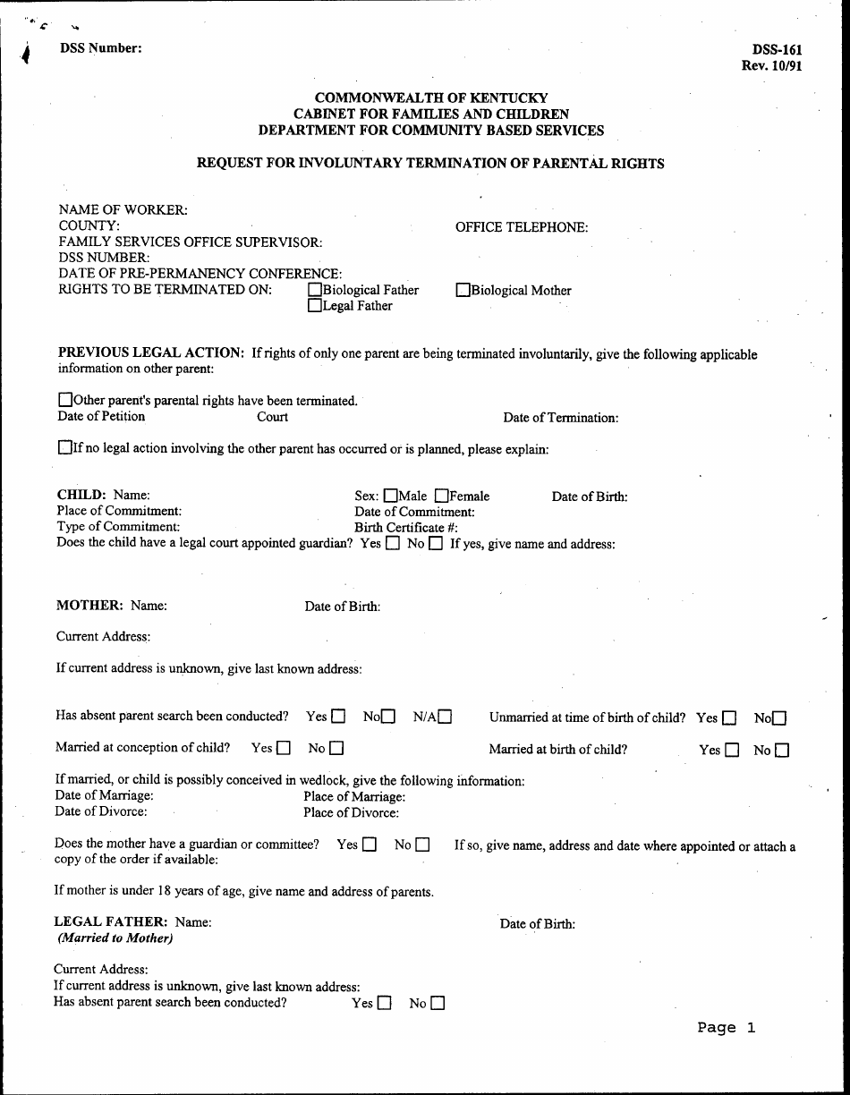 Form DSS-161 Request for Involuntary Termination of Parental Rights - Kentucky, Page 1