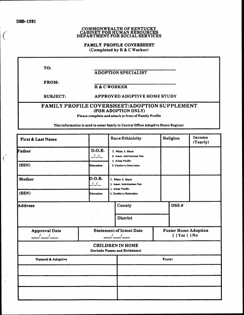 Form DSS-1291 Family Profile Coversheet - Kentucky