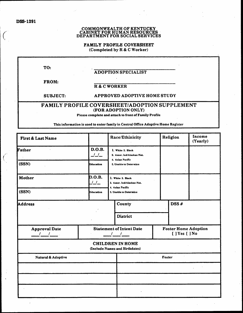 Form DSS-1291 Family Profile Coversheet - Kentucky, Page 1