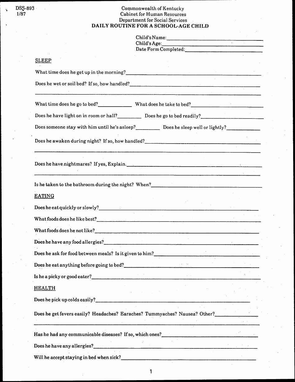 Form DSS-893 Daily Routine for a School-Age Child - Kentucky, Page 1