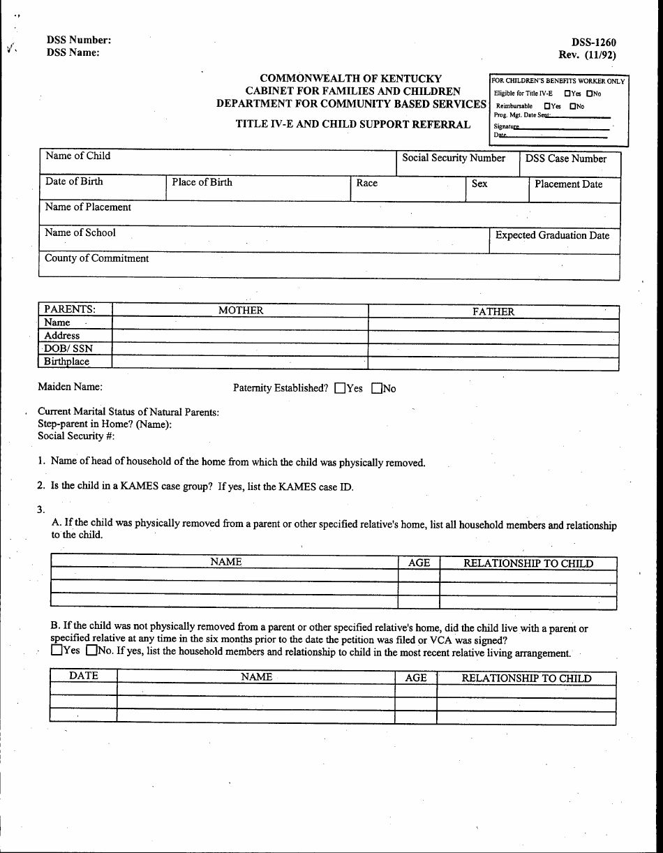 Form DSS-1260 Title IV-E and Child Support Referral - Kentucky, Page 1