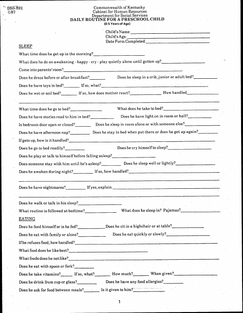 Form DSS-892 Daily Routine for a Preschool Child (0-5 Years of Age) - Kentucky