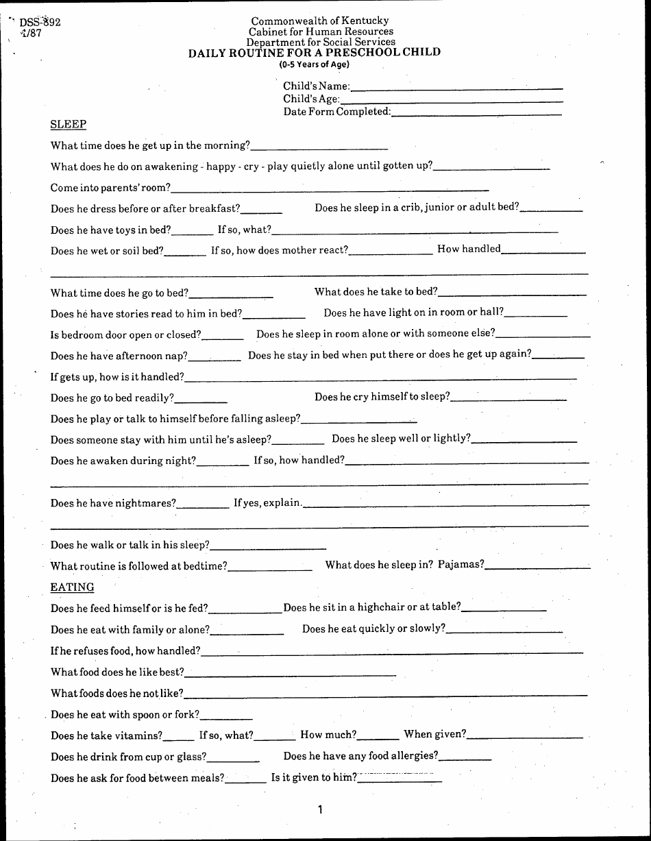 Form DSS-892 Daily Routine for a Preschool Child (0-5 Years of Age) - Kentucky, Page 1