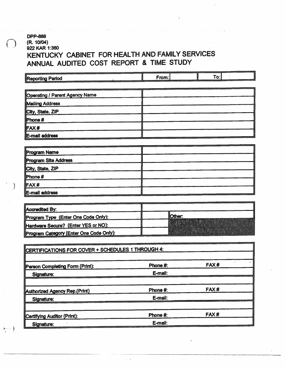 Form DPP-888 Annual Audited Cost Report and Time Study - Kentucky, Page 1