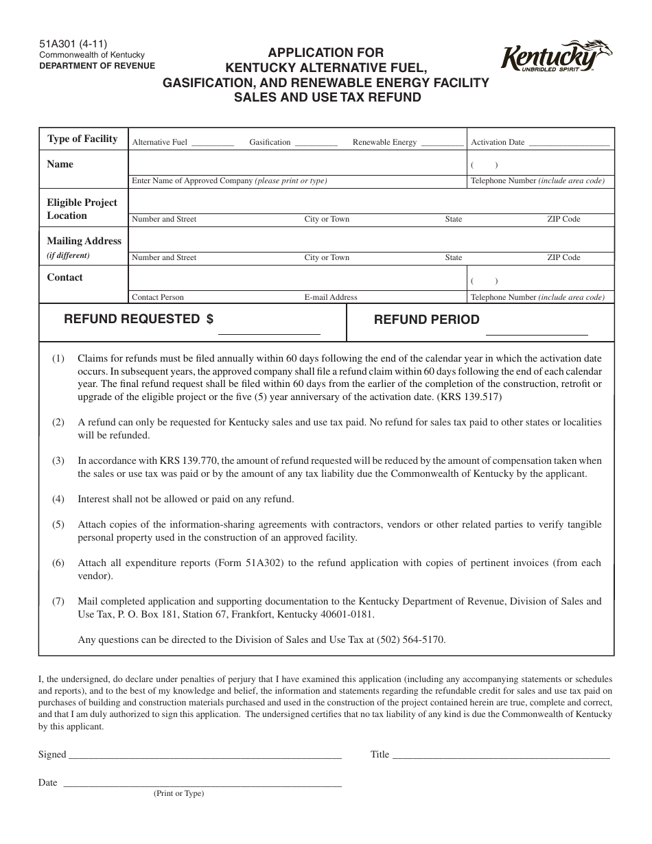 Form 51A301 Application for Kentucky Alternative Fuel, Gasification, and Renewable Energy Facility Sales and Use Tax Refund - Kentucky, Page 1