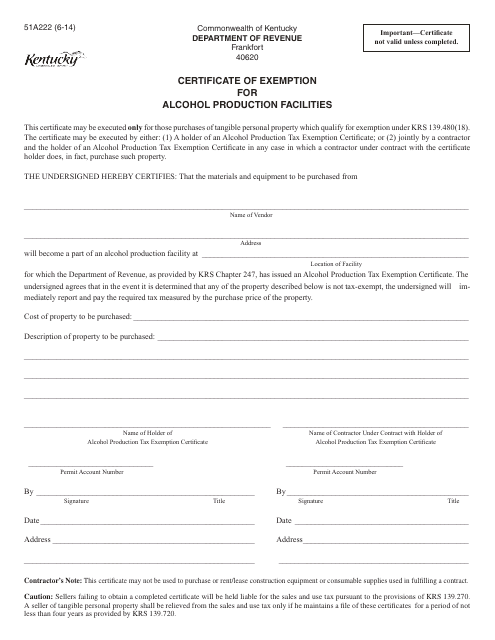 Form 51A222 Certificate of Exemption for Alcohol Production Facilities - Kentucky