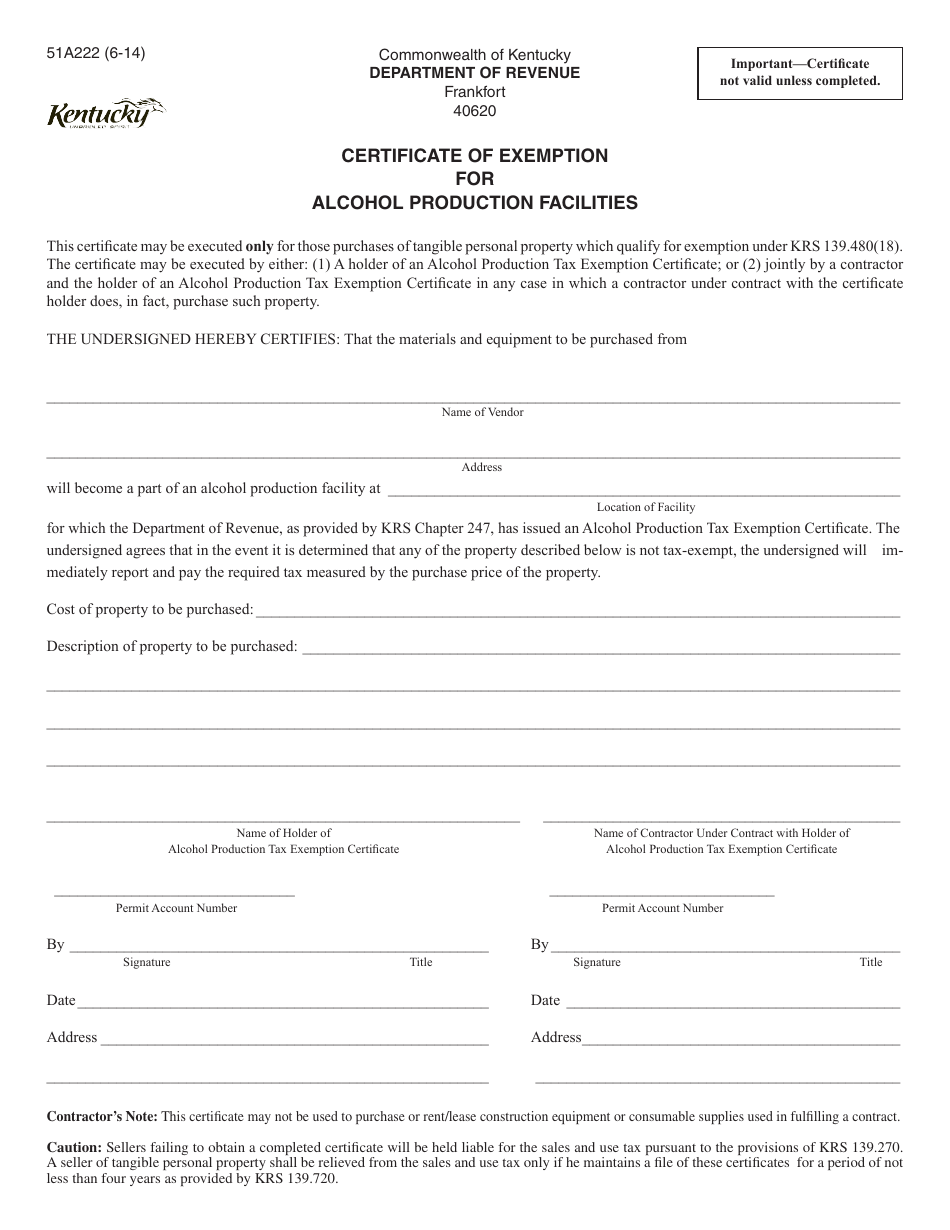 Form 51A222 Certificate of Exemption for Alcohol Production Facilities - Kentucky, Page 1