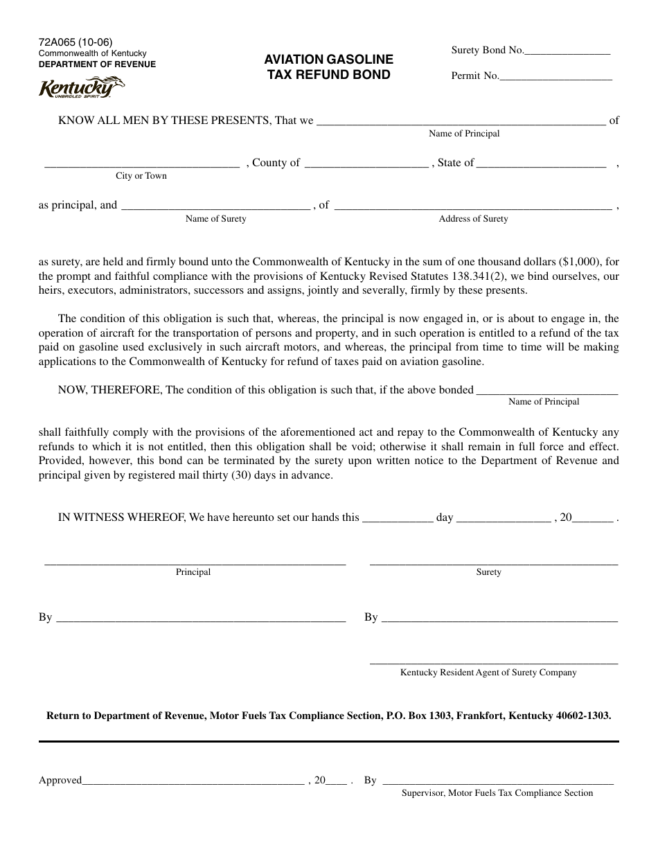 Form 72A065 Aviation Gasoline Tax Refund Bond - Kentucky, Page 1