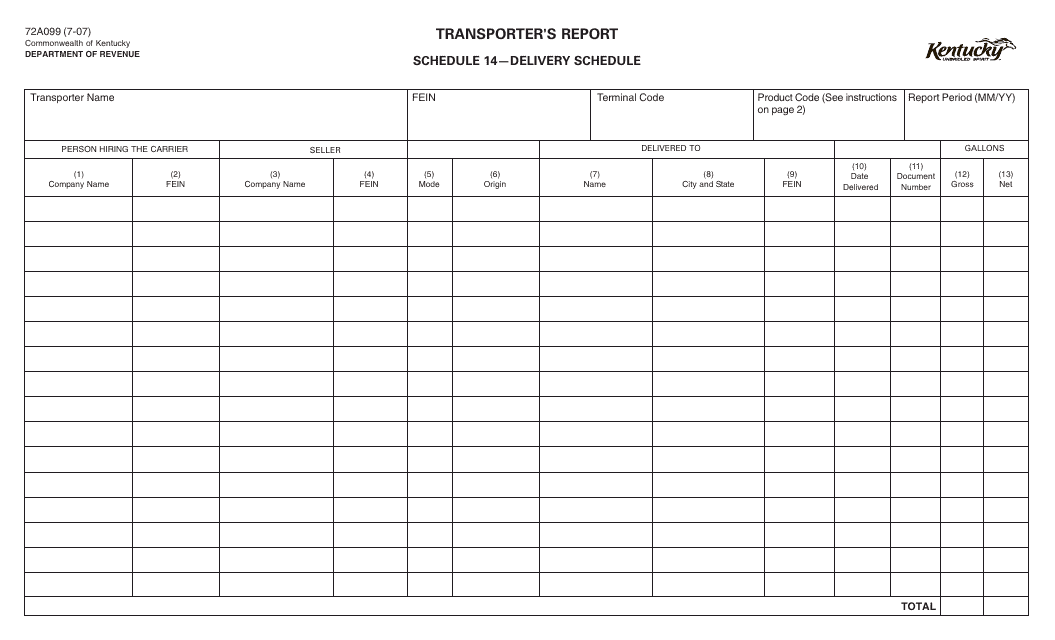 Form 72A099 Schedule 14 Delivery Schedule - Kentucky