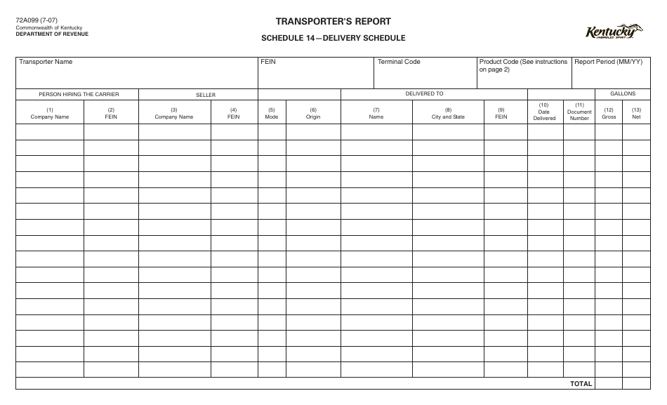 Form 72A099 Schedule 14 Delivery Schedule - Kentucky, Page 1
