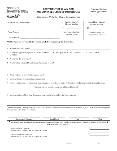 Form 72A078 Statement of Claim for Accountable Loss of Motor Fuel - Kentucky