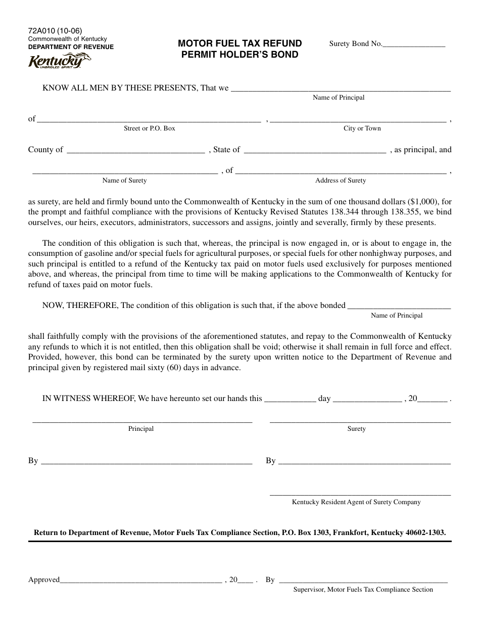 Form 72A010 Motor Fuel Tax Refund Permit Holder's Bond - Kentucky, Page 1