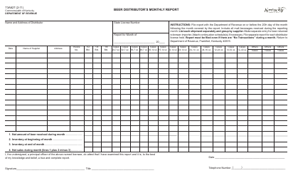 Document preview: Form 73A627 Beer Distributor's Monthly Report - Kentucky