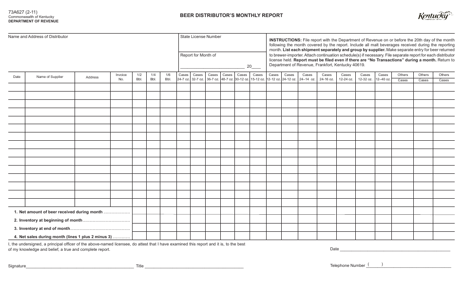 Form 73A627 Beer Distributors Monthly Report - Kentucky, Page 1