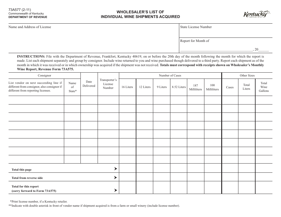Form 73A577 Wholesalers List of Individual Wine Shipments Acquired - Kentucky, Page 1
