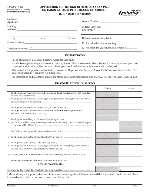 Form 72A066 Application for Refund of Kentucky Tax Paid on Gasoline Used in Operation of Aircraft - Kentucky