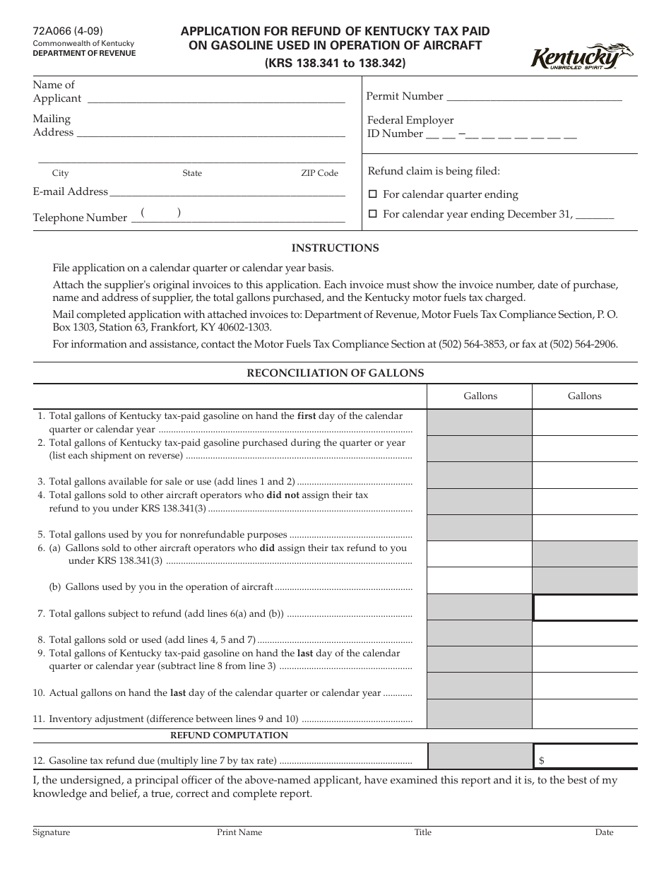 Form 72A066 Application for Refund of Kentucky Tax Paid on Gasoline Used in Operation of Aircraft - Kentucky, Page 1