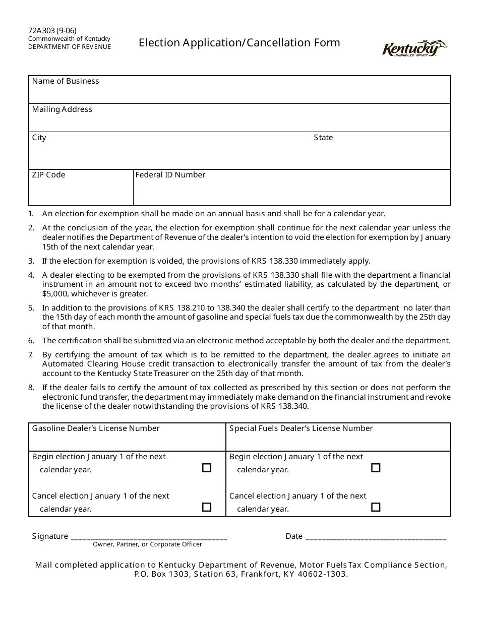 Form 72A303 Election Application/Cancellation Form - Kentucky, Page 1