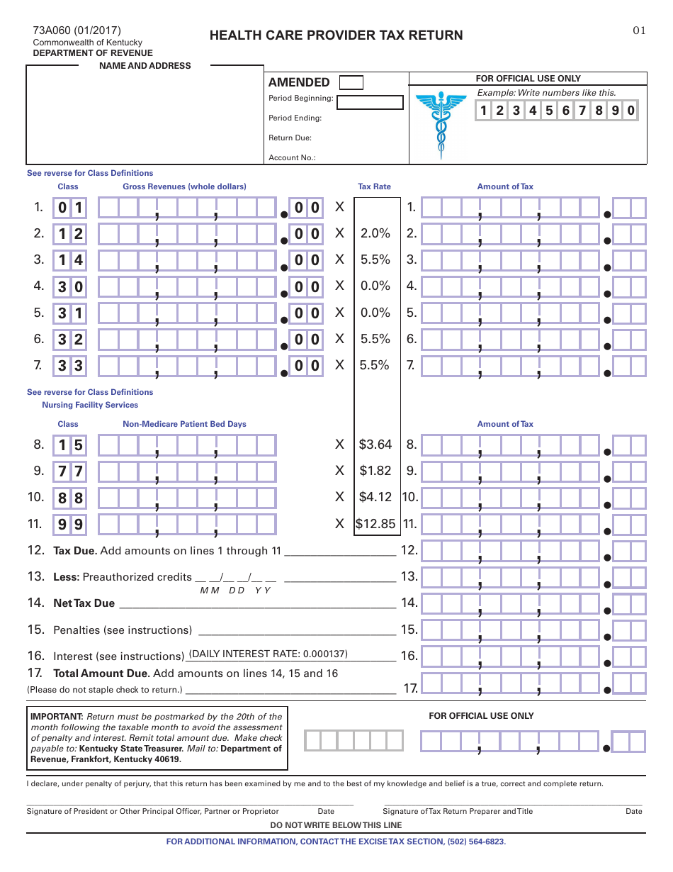 Form 73A060 Health Care Provider Tax Return - Kentucky, Page 1