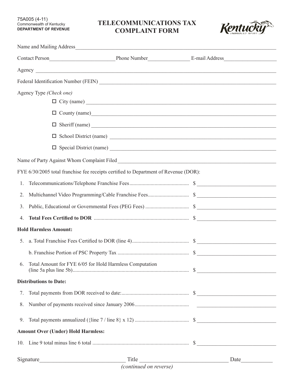 Form 75A005 Telecommunications Tax Complaint Form - Kentucky, Page 1