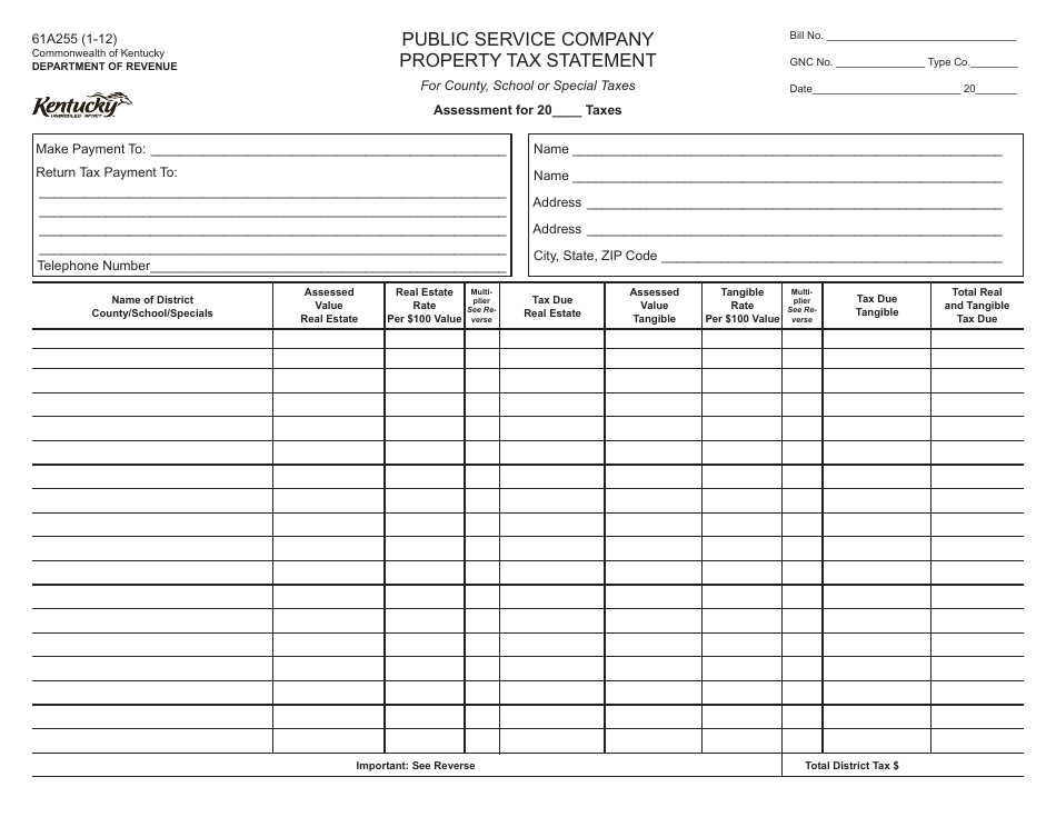 Form 61A255 Public Service Company Property Tax Statement - Kentucky, Page 1