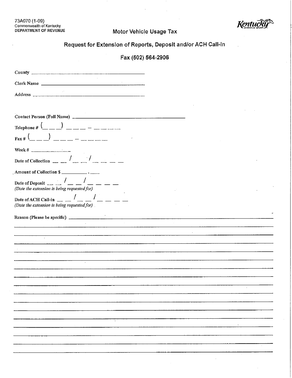Form 73A070 Request for Extension of Reports, Deposit and / or ACH Call-In - Kentucky, Page 1