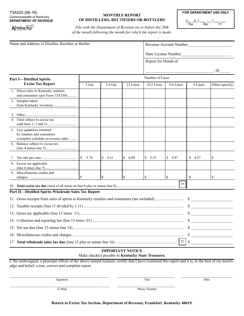 Form 73A525 Monthly Report of Distillers, Rectifiers or Bottlers - Kentucky, Page 1