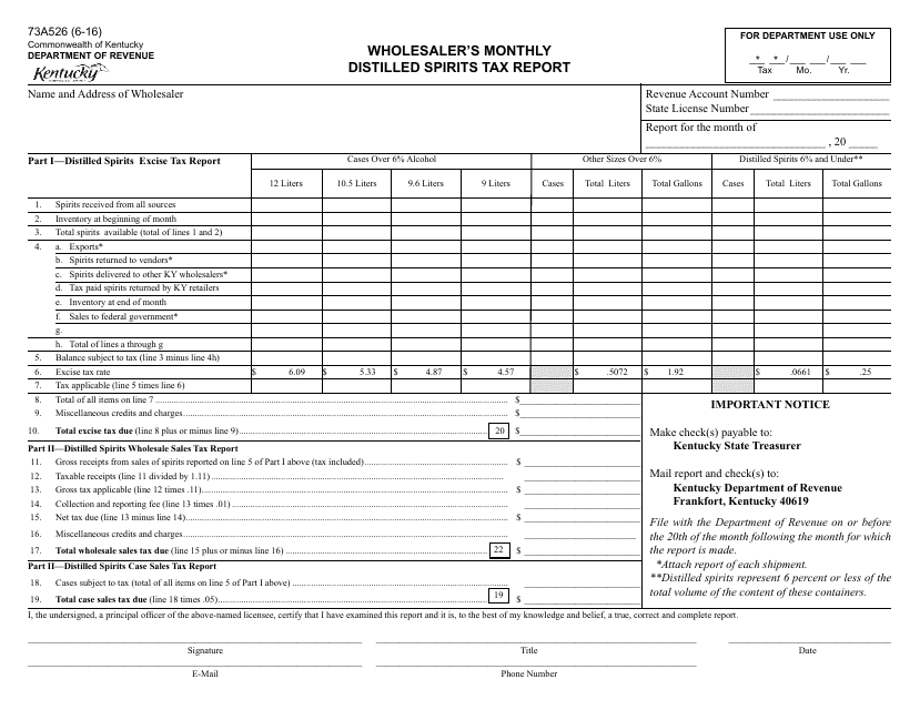 Form 73A526 Wholesaler's Monthly Distilled Spirits Tax Report - Kentucky