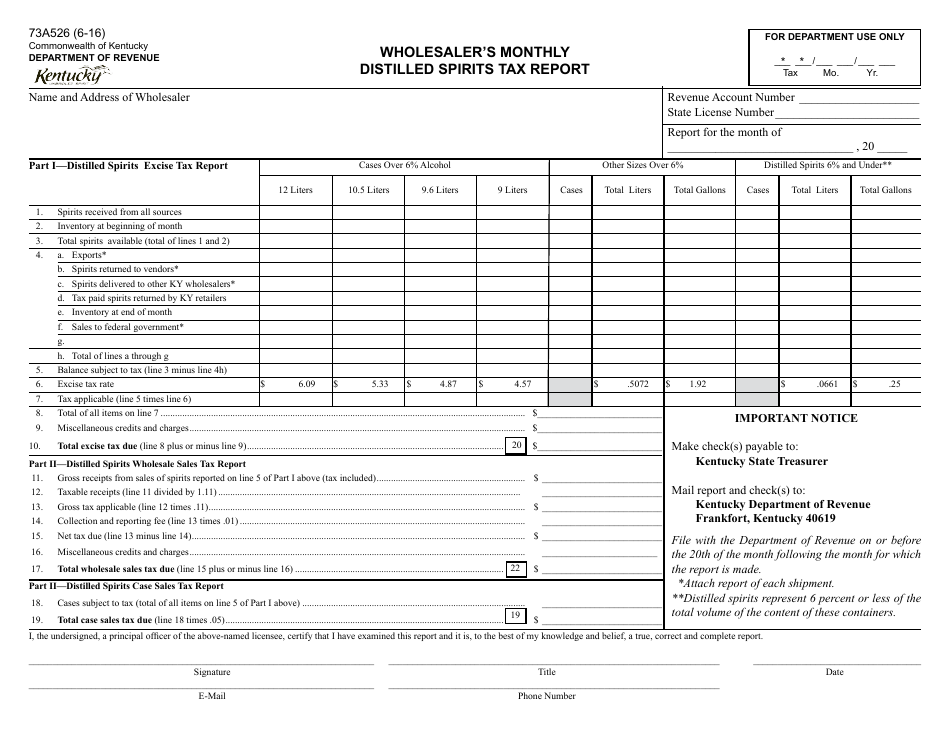Form 73A526 Wholesalers Monthly Distilled Spirits Tax Report - Kentucky, Page 1