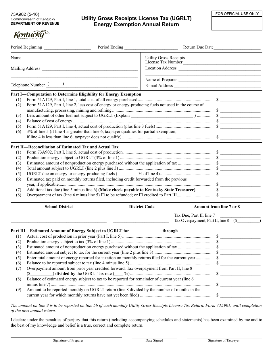 Form 73A902 Utility Gross Receipts License Tax (Ugrlt) Energy Exemption Annual Return - Kentucky, Page 1