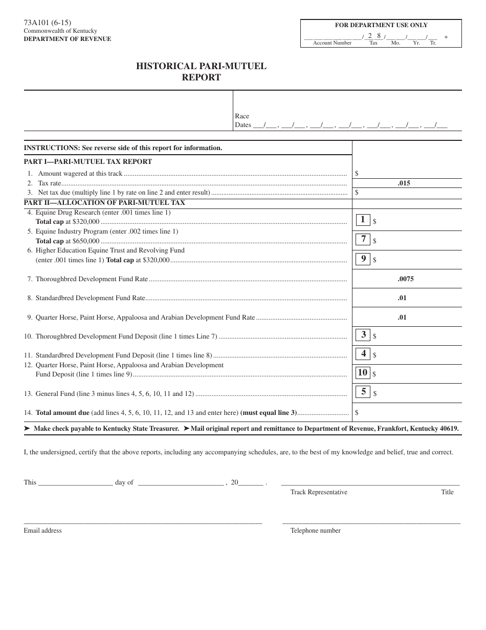 Form 73A101 Historical Pari-Mutuel Report - Kentucky, Page 1