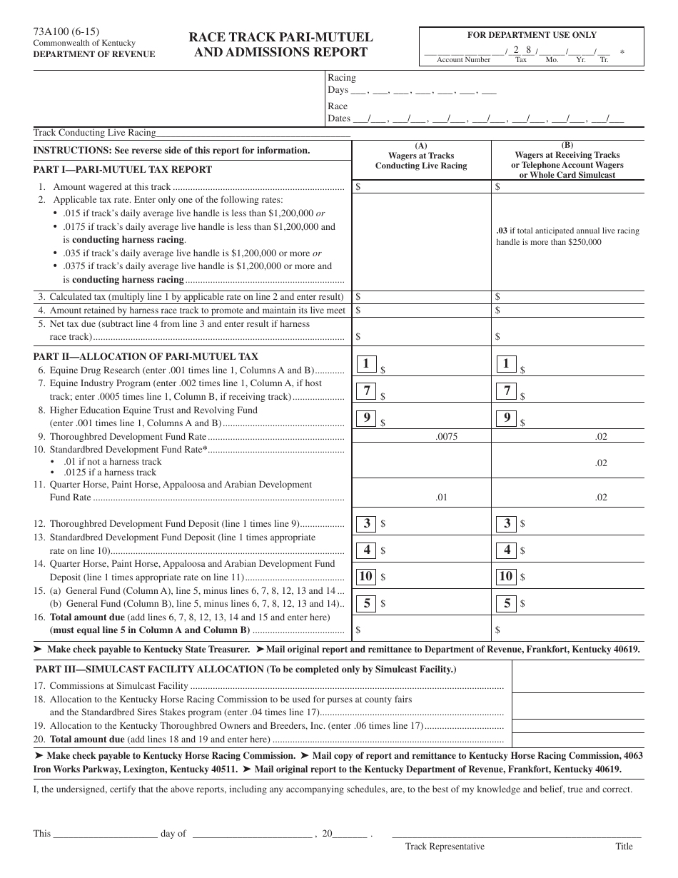 Form 73A100 Race Track Pari-Mutuel and Admissions Report - Kentucky, Page 1