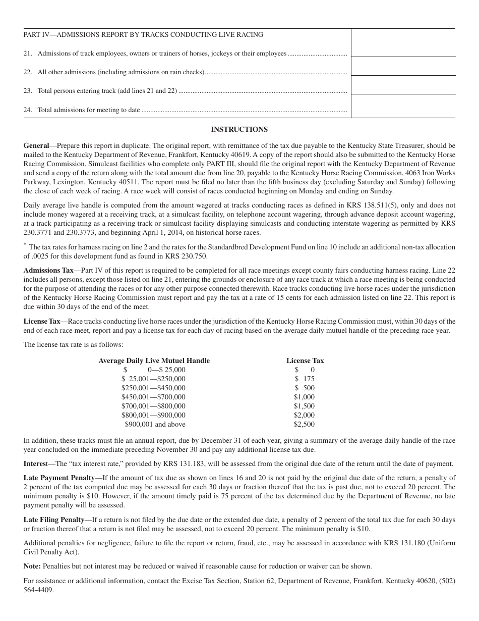 Form 73A100 Race Track Pari-Mutuel and Admissions Report - Kentucky, Page 2