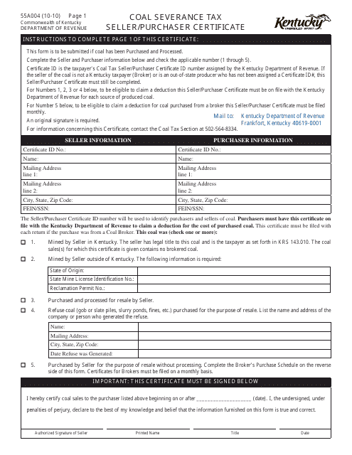 Form 55A004 Coal Severance Tax Seller/Purchaser Certificate - Kentucky